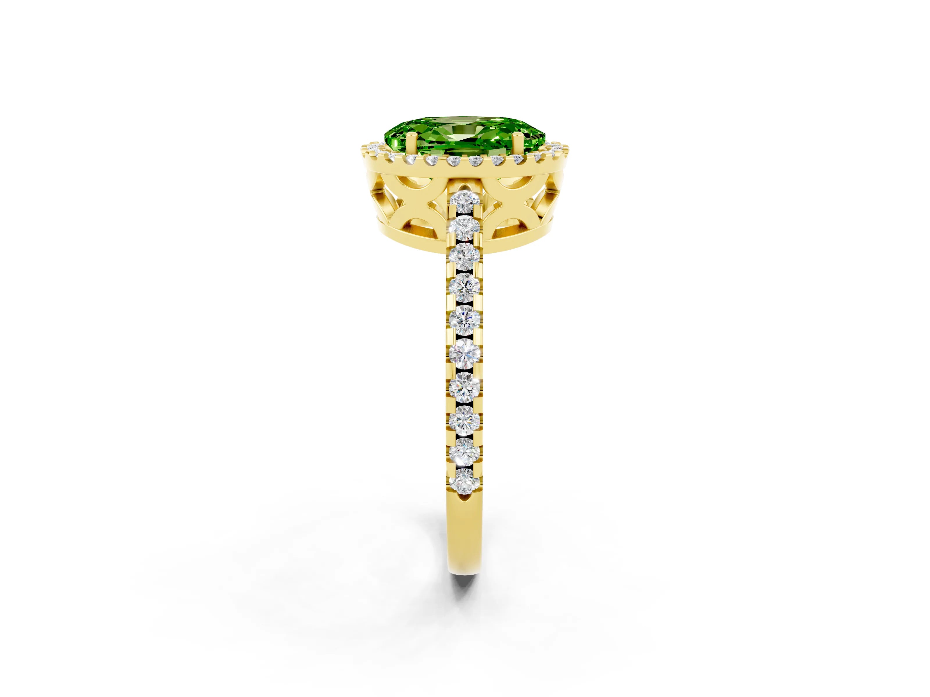 Yellow gold Oval Cut Peridot Halo Engagement Ring with Pavé Band and Prong Setting_14