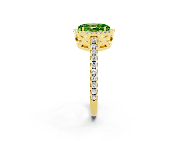 Yellow gold Oval Cut Peridot Halo Engagement Ring with Pavé Band and Prong Setting