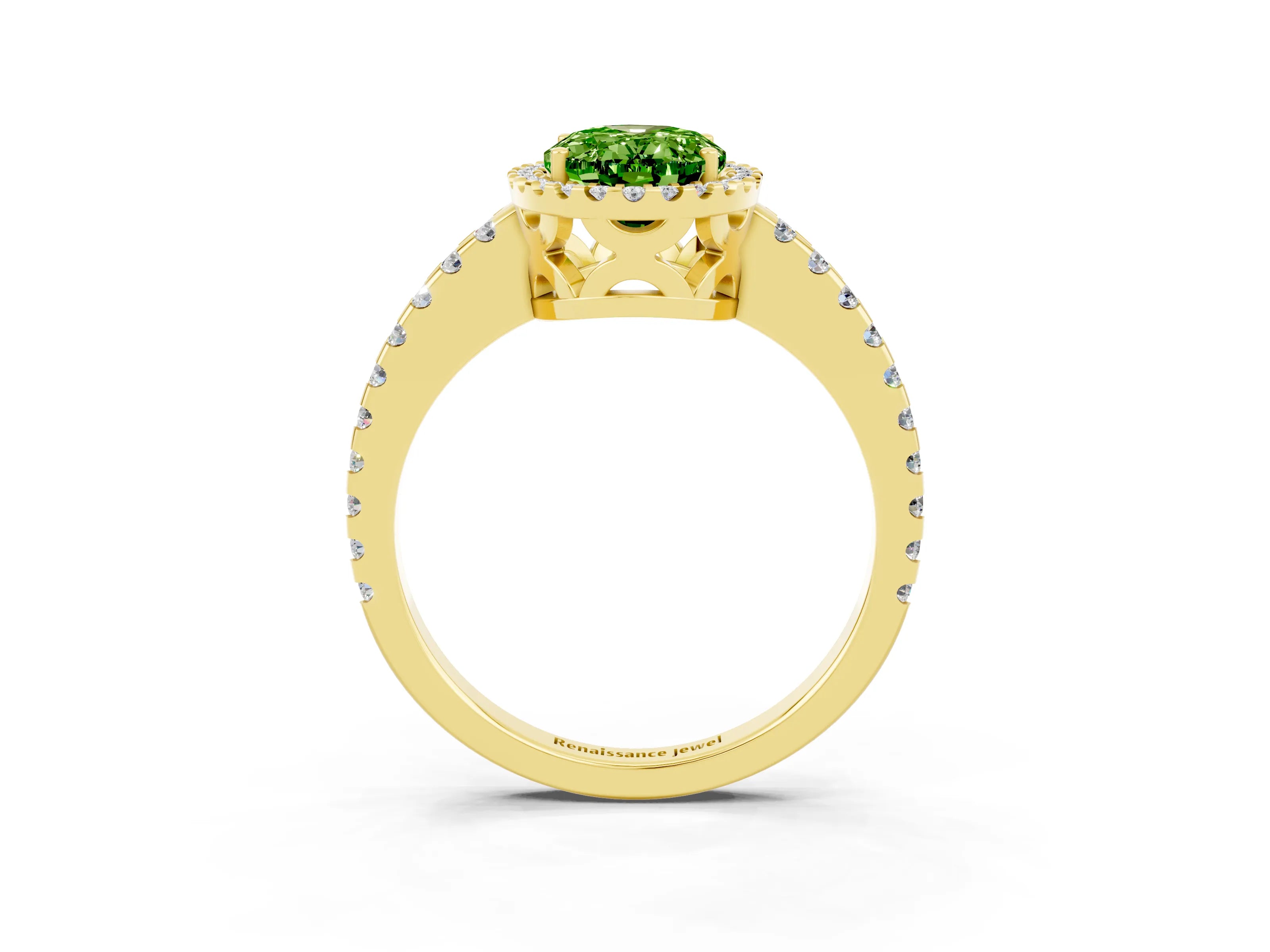 Yellow gold Oval Cut Peridot Halo Engagement Ring with Pavé Band and Prong Setting_15