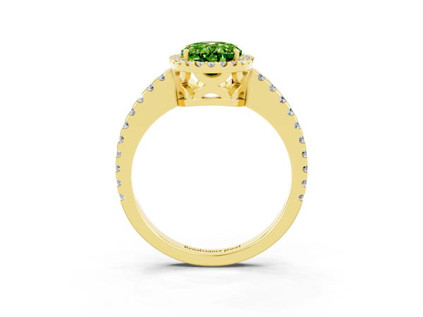 Yellow gold Oval Cut Peridot Halo Engagement Ring with Pavé Band and Prong Setting