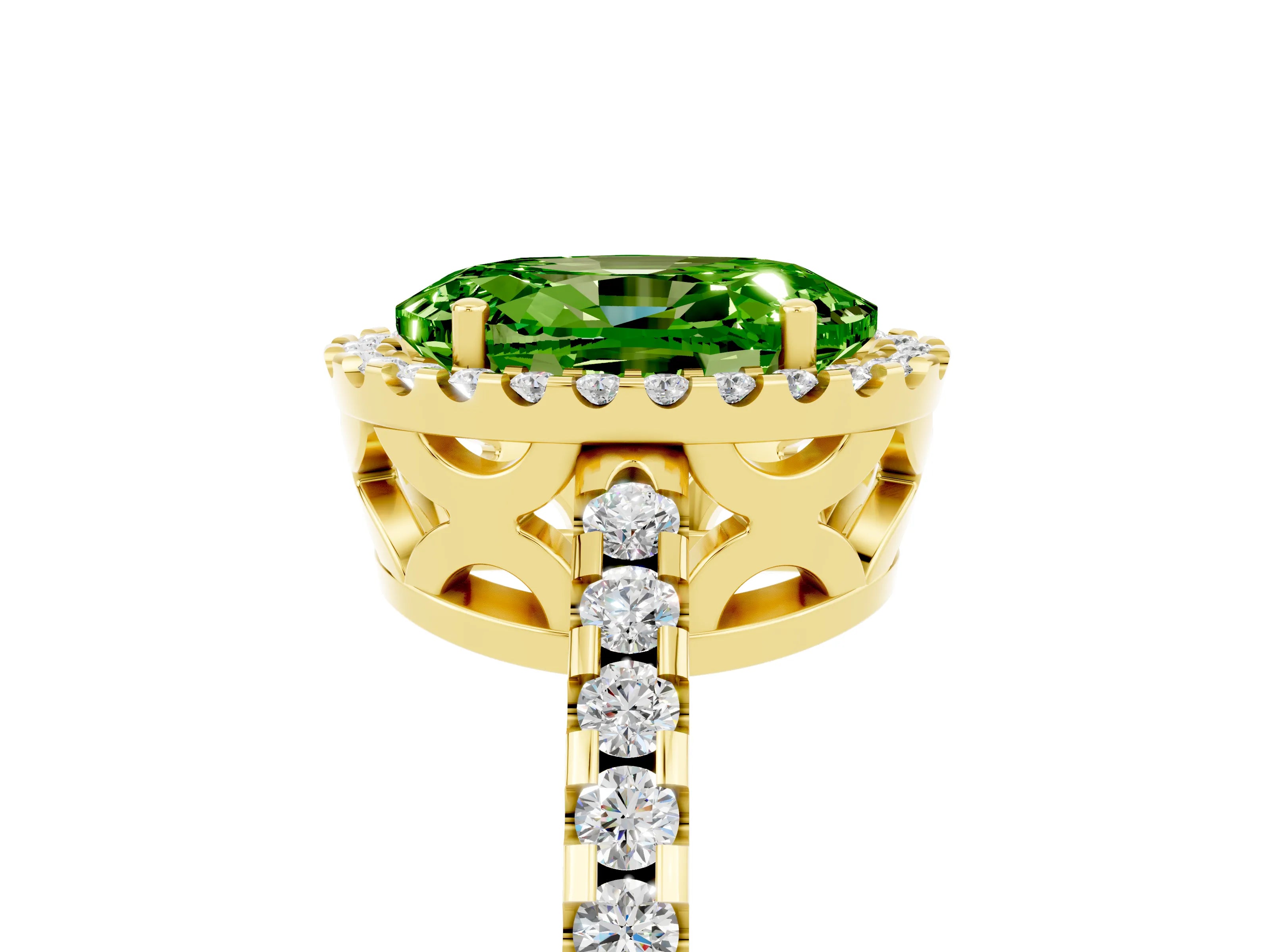 Yellow gold Oval Cut Peridot Halo Engagement Ring with Pavé Band and Prong Setting_17