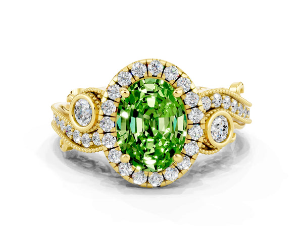 Yellow gold Oval Cut Peridot Halo Ring with Milgrain Pavé Band and Four-Prong Setting