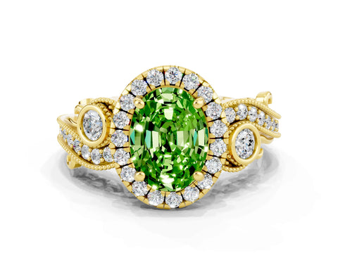 Yellow gold Oval Cut Peridot Halo Ring with Milgrain Pavé Band and Four-Prong Setting_12