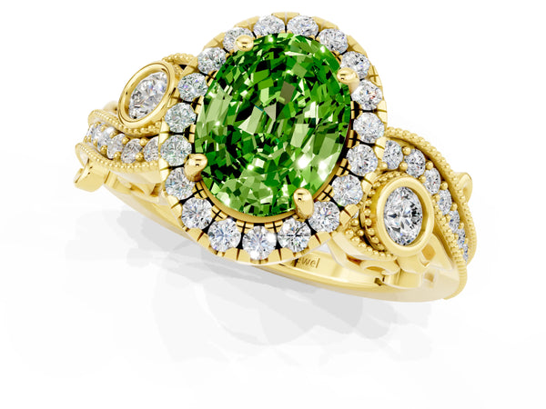 Yellow gold Oval Cut Peridot Halo Ring with Milgrain Pavé Band and Four-Prong Setting