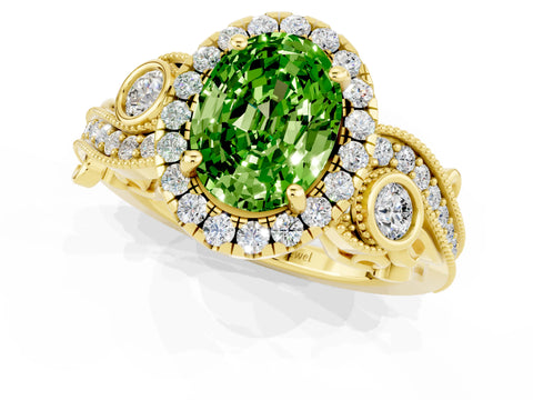 Yellow gold Oval Cut Peridot Halo Ring with Milgrain Pavé Band and Four-Prong Setting_13