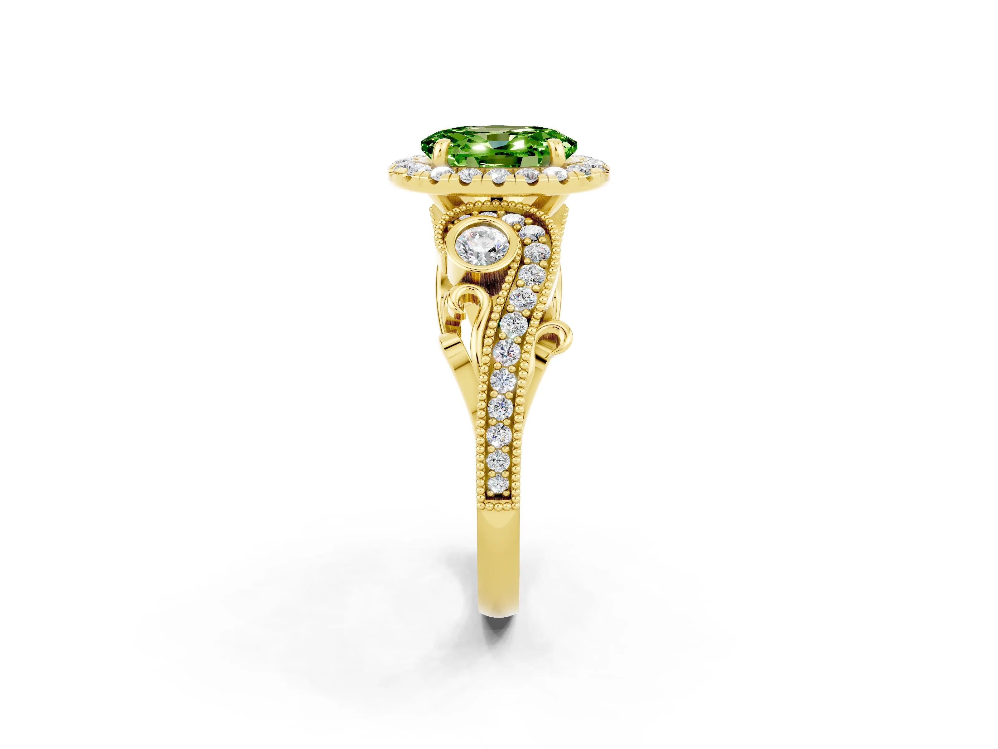 Yellow gold Oval Cut Peridot Halo Ring with Milgrain Pavé Band and Four-Prong Setting_14