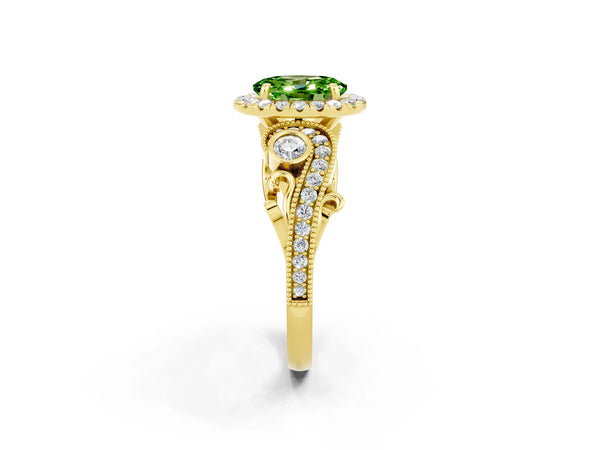 Yellow gold Oval Cut Peridot Halo Ring with Milgrain Pavé Band and Four-Prong Setting