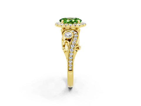 Yellow gold Oval Cut Peridot Halo Ring with Milgrain Pavé Band and Four-Prong Setting_14
