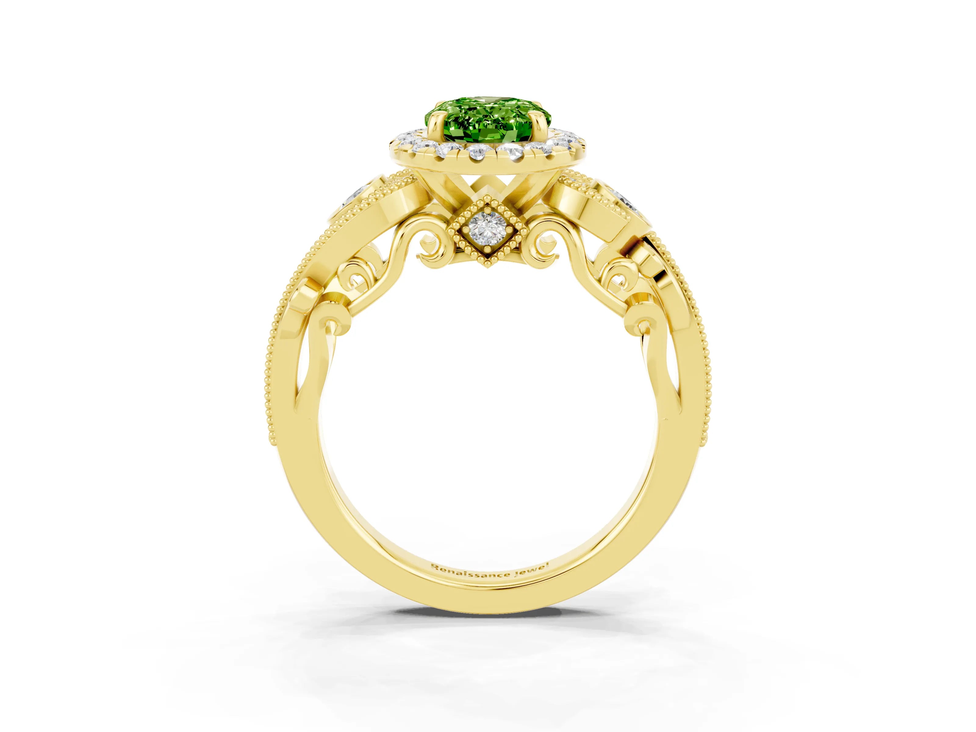 Yellow gold Oval Cut Peridot Halo Ring with Milgrain Pavé Band and Four-Prong Setting_15