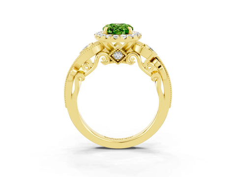 Yellow gold Oval Cut Peridot Halo Ring with Milgrain Pavé Band and Four-Prong Setting_15