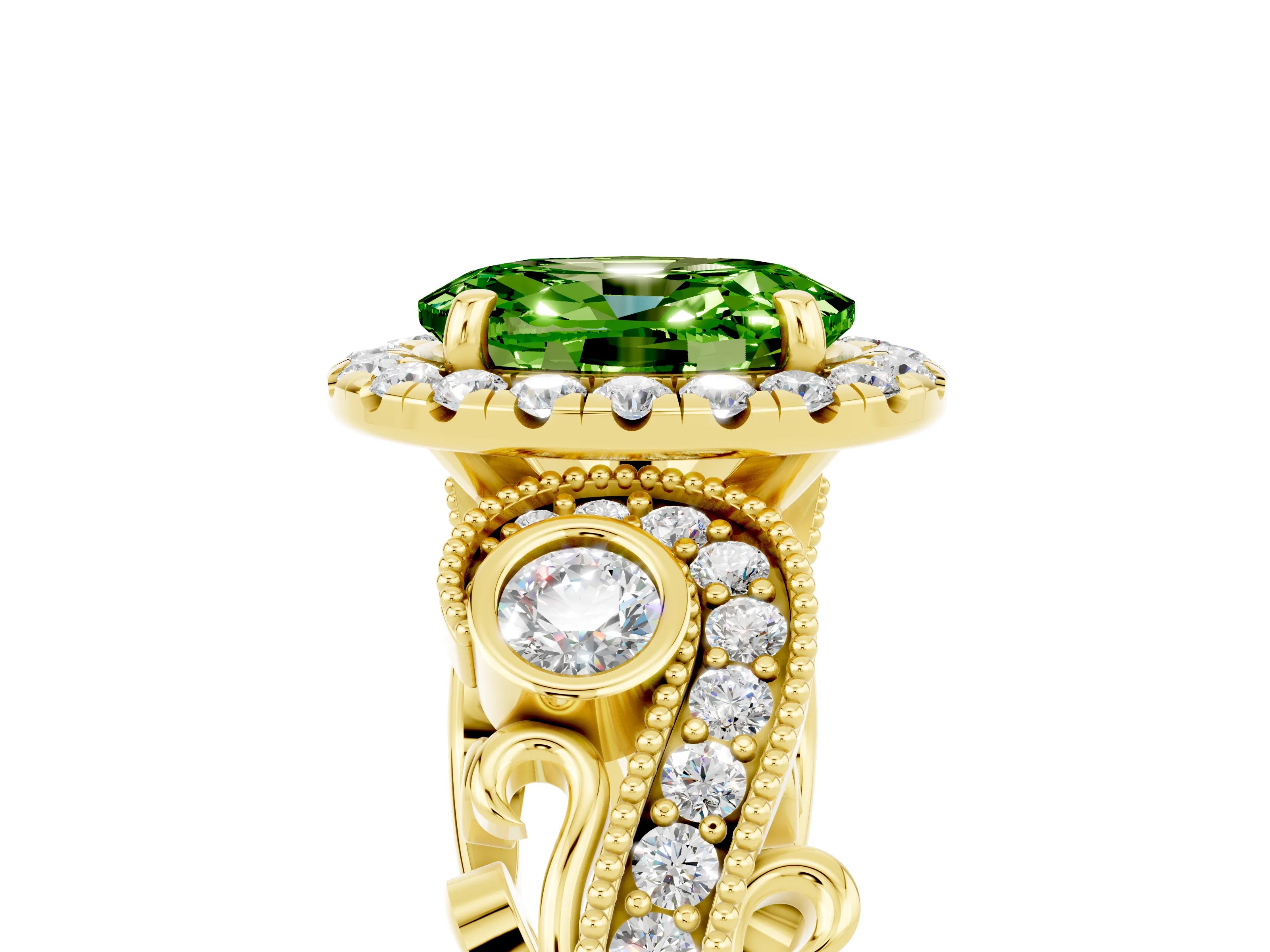 Yellow gold Oval Cut Peridot Halo Ring with Milgrain Pavé Band and Four-Prong Setting_17
