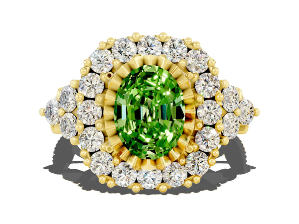 Yellow gold Oval Cut Peridot Halo Ring with Pavé Band and Four-Prong Setting