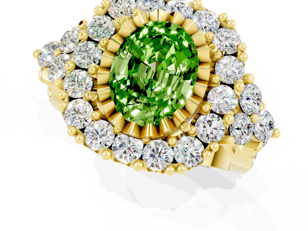 Yellow gold Oval Cut Peridot Halo Ring with Pavé Band and Four-Prong Setting