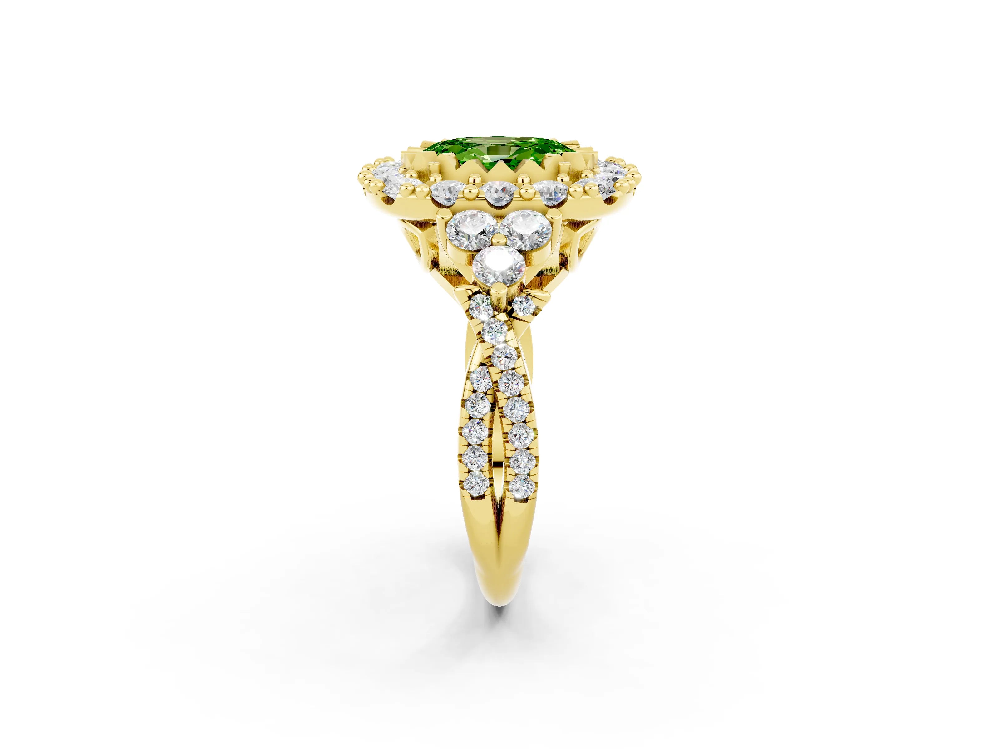 Yellow gold Oval Cut Peridot Halo Ring with Pavé Band and Four-Prong Setting_14