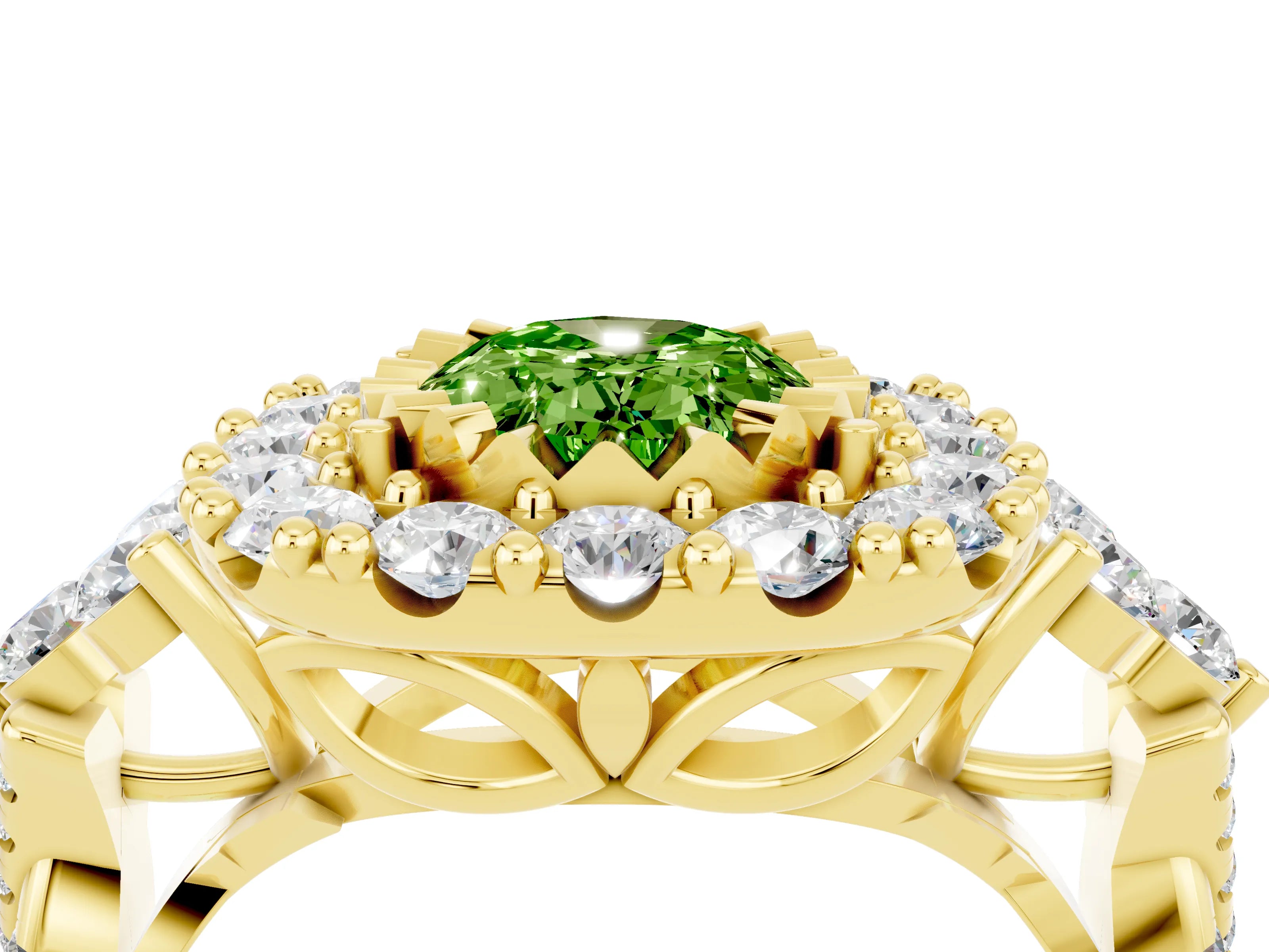 Yellow gold Oval Cut Peridot Halo Ring with Pavé Band and Four-Prong Setting_16