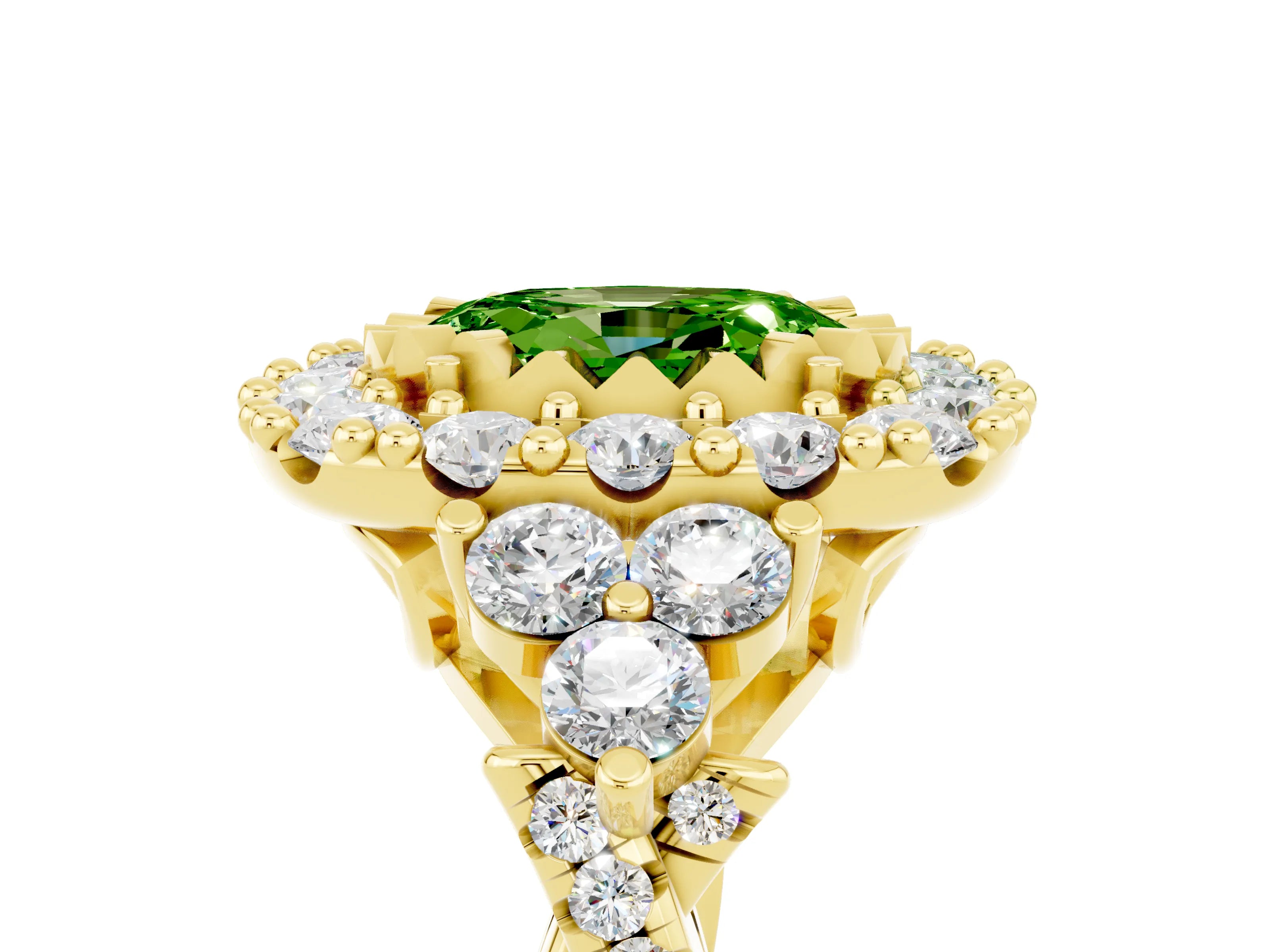 Yellow gold Oval Cut Peridot Halo Ring with Pavé Band and Four-Prong Setting_17
