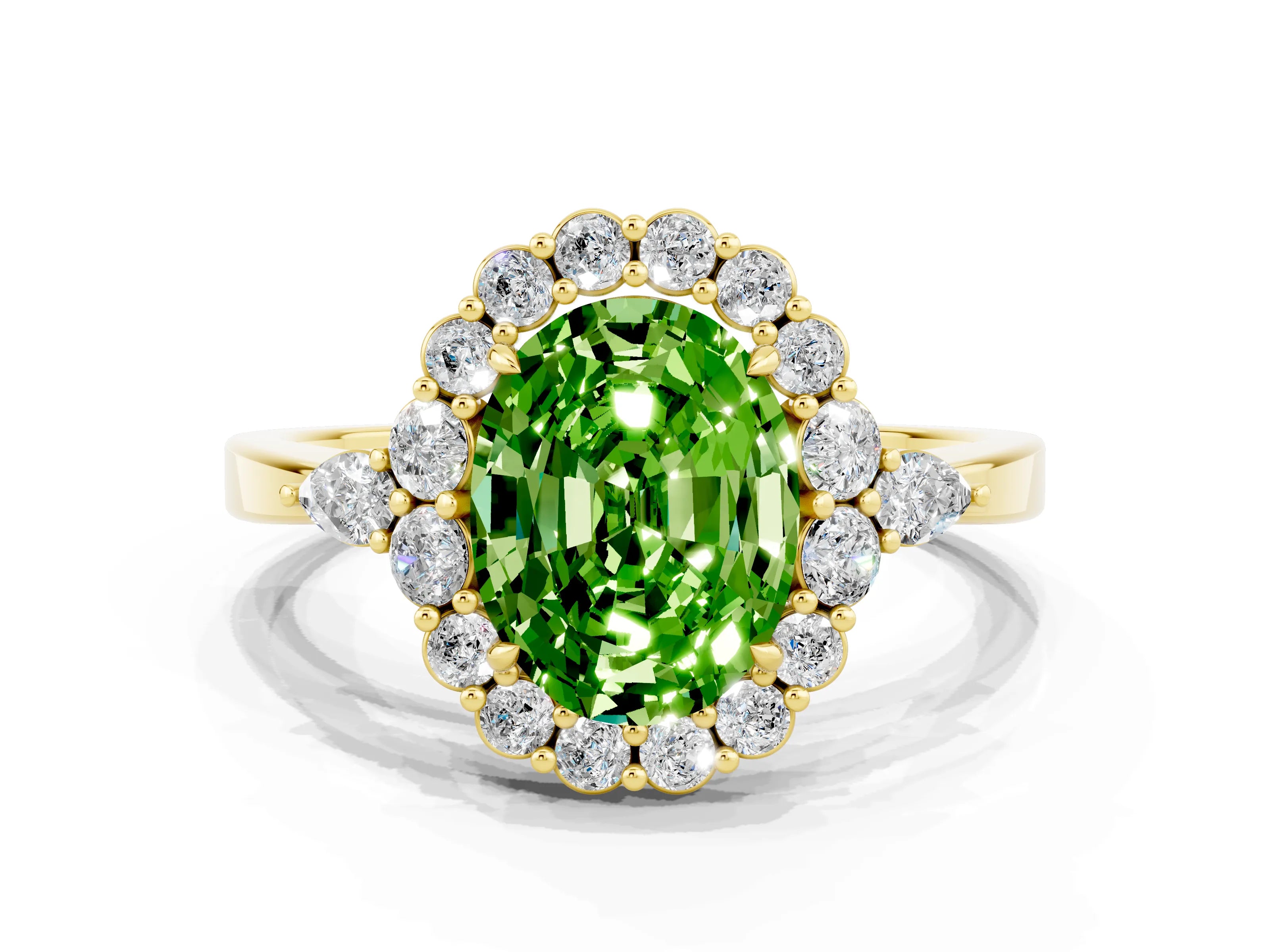 Yellow gold Oval Cut Peridot Halo Ring with Pear Side Stones and Prong Setting_12
