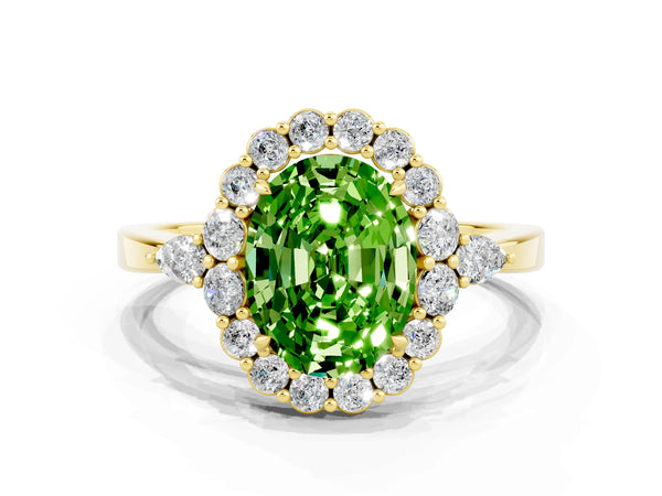 Yellow gold Oval Cut Peridot Halo Ring with Pear Side Stones and Prong Setting