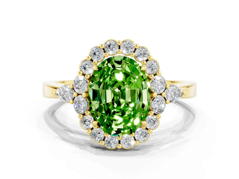 Yellow gold Oval Cut Peridot Halo Ring with Pear Side Stones and Prong Setting_12