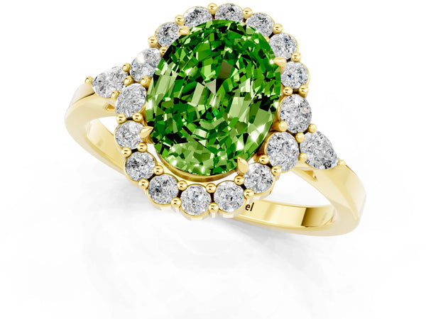 Yellow gold Oval Cut Peridot Halo Ring with Pear Side Stones and Prong Setting