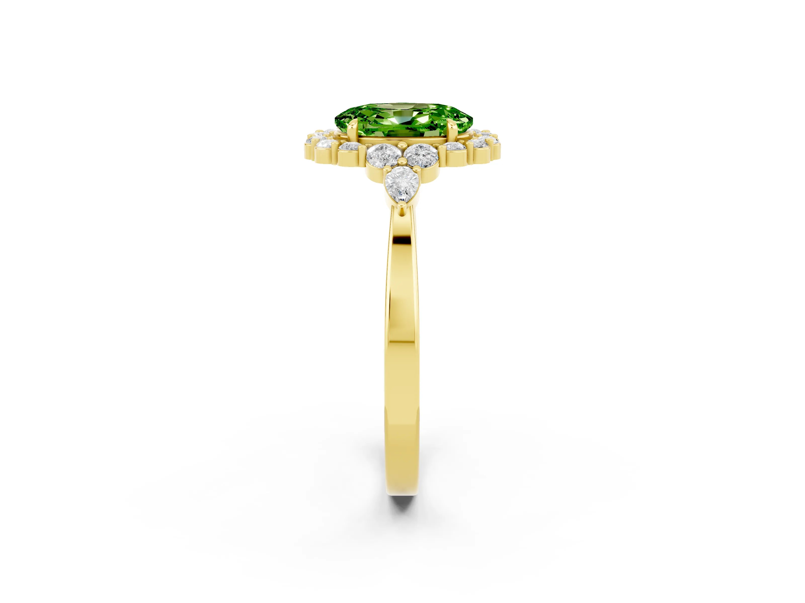 Yellow gold Oval Cut Peridot Halo Ring with Pear Side Stones and Prong Setting_14
