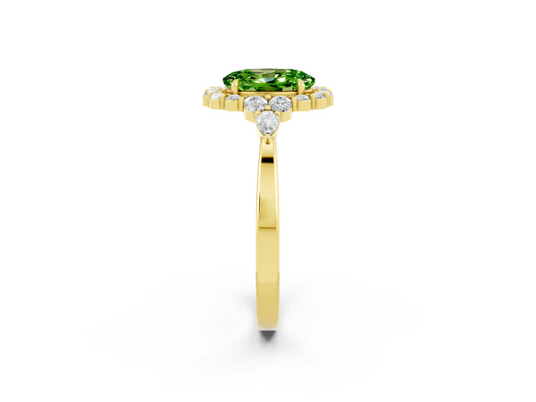 Yellow gold Oval Cut Peridot Halo Ring with Pear Side Stones and Prong Setting