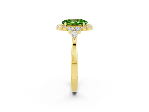 Yellow gold Oval Cut Peridot Halo Ring with Pear Side Stones and Prong Setting_14
