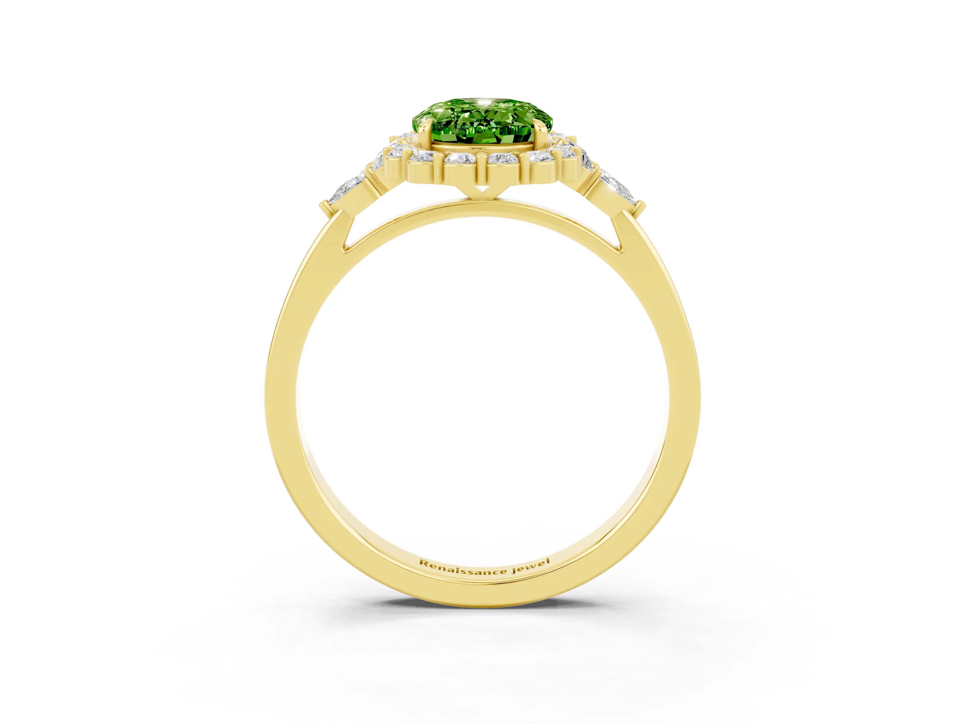 Yellow gold Oval Cut Peridot Halo Ring with Pear Side Stones and Prong Setting_15