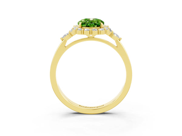 Yellow gold Oval Cut Peridot Halo Ring with Pear Side Stones and Prong Setting