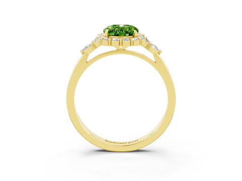 Yellow gold Oval Cut Peridot Halo Ring with Pear Side Stones and Prong Setting_15