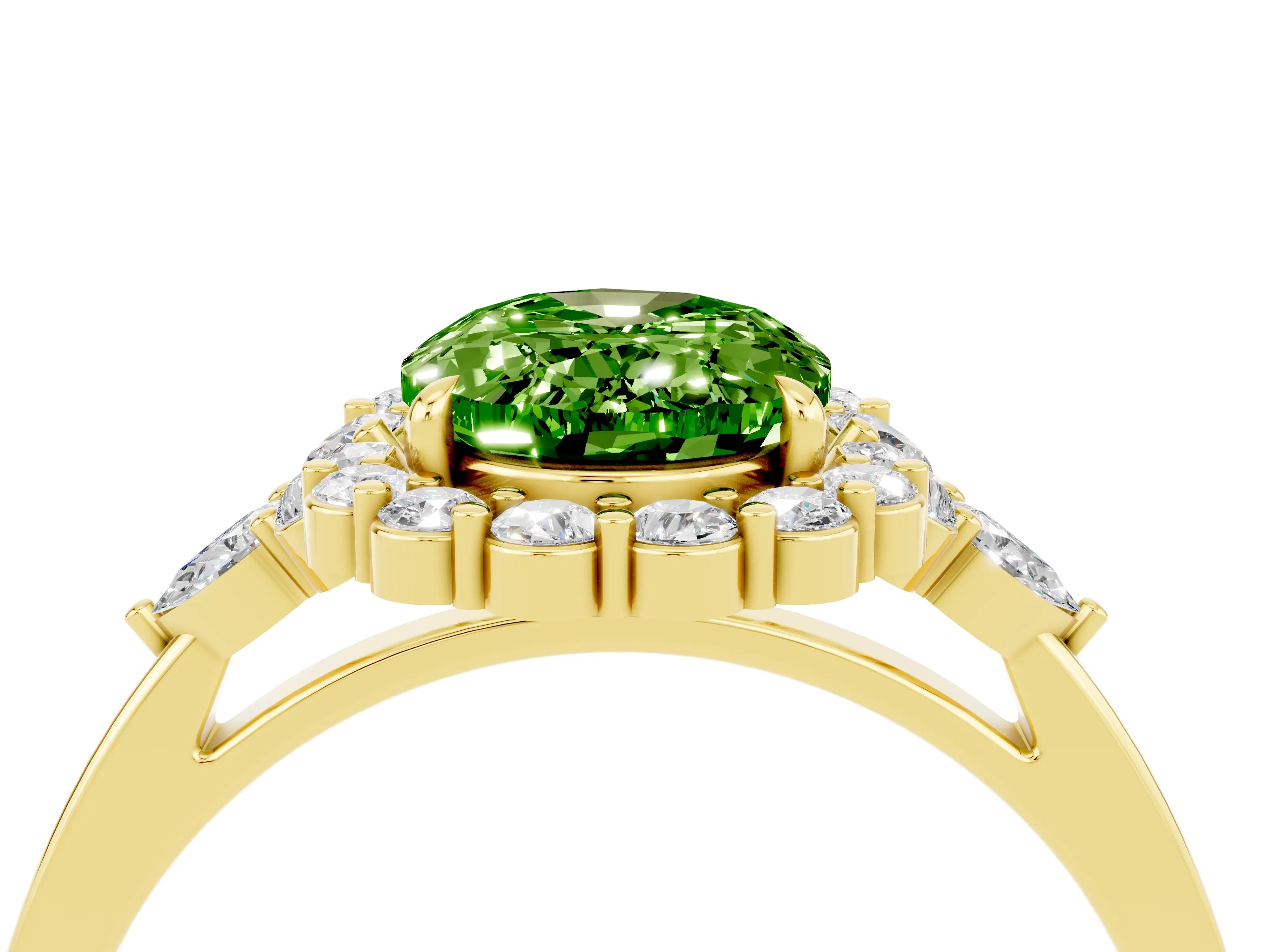 Yellow gold Oval Cut Peridot Halo Ring with Pear Side Stones and Prong Setting_16