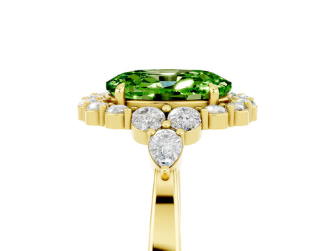 Yellow gold Oval Cut Peridot Halo Ring with Pear Side Stones and Prong Setting_17