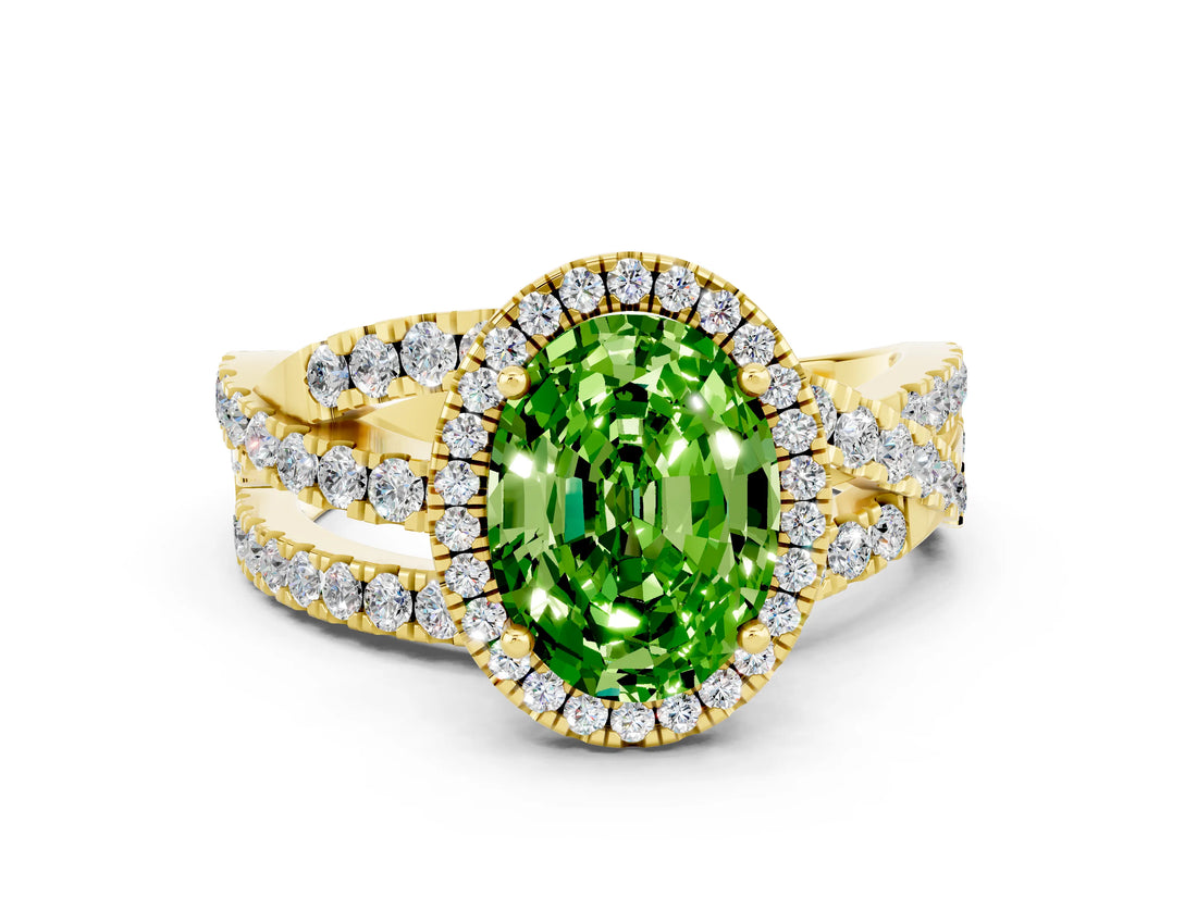 Yellow gold Oval Cut Peridot Halo Ring with Round Split Shank and Prong Setting_48