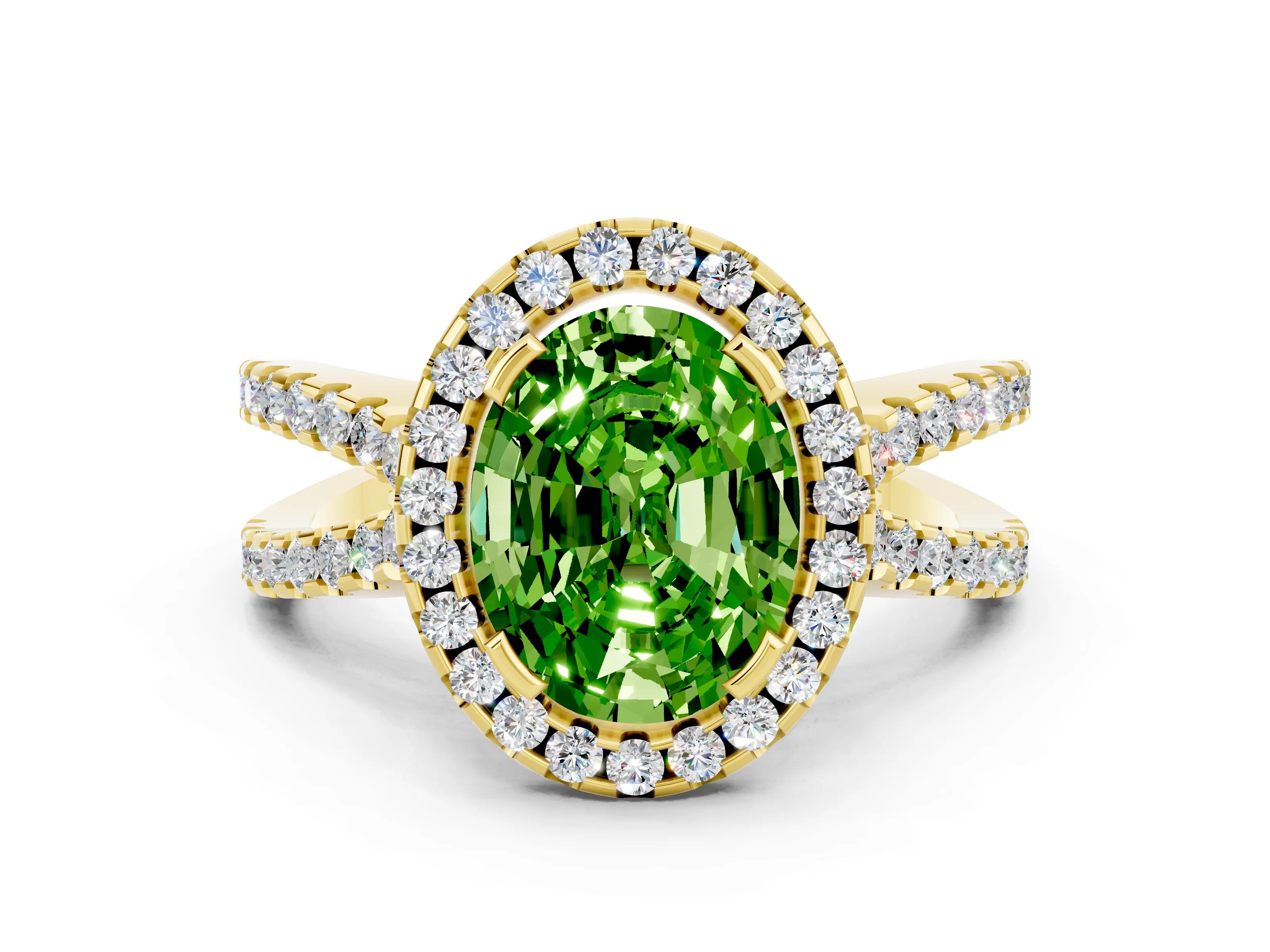 Yellow gold Oval Cut Peridot Halo Ring with Split Shank Pavé Band and Prong Setting