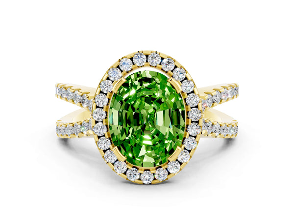 Yellow gold Oval Cut Peridot Halo Ring with Split Shank Pavé Band and Prong Setting