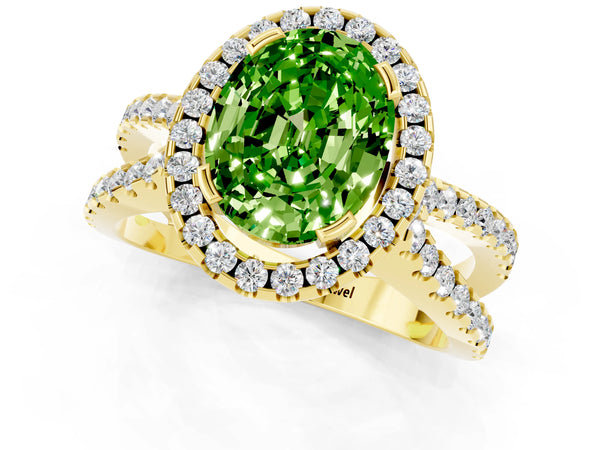Yellow gold Oval Cut Peridot Halo Ring with Split Shank Pavé Band and Prong Setting