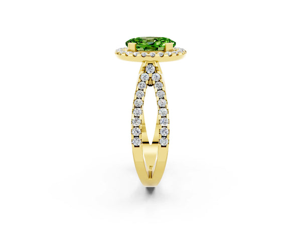 Yellow gold Oval Cut Peridot Halo Ring with Split Shank Pavé Band and Prong Setting