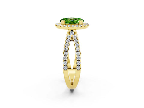Yellow gold Oval Cut Peridot Halo Ring with Split Shank Pavé Band and Prong Setting_2