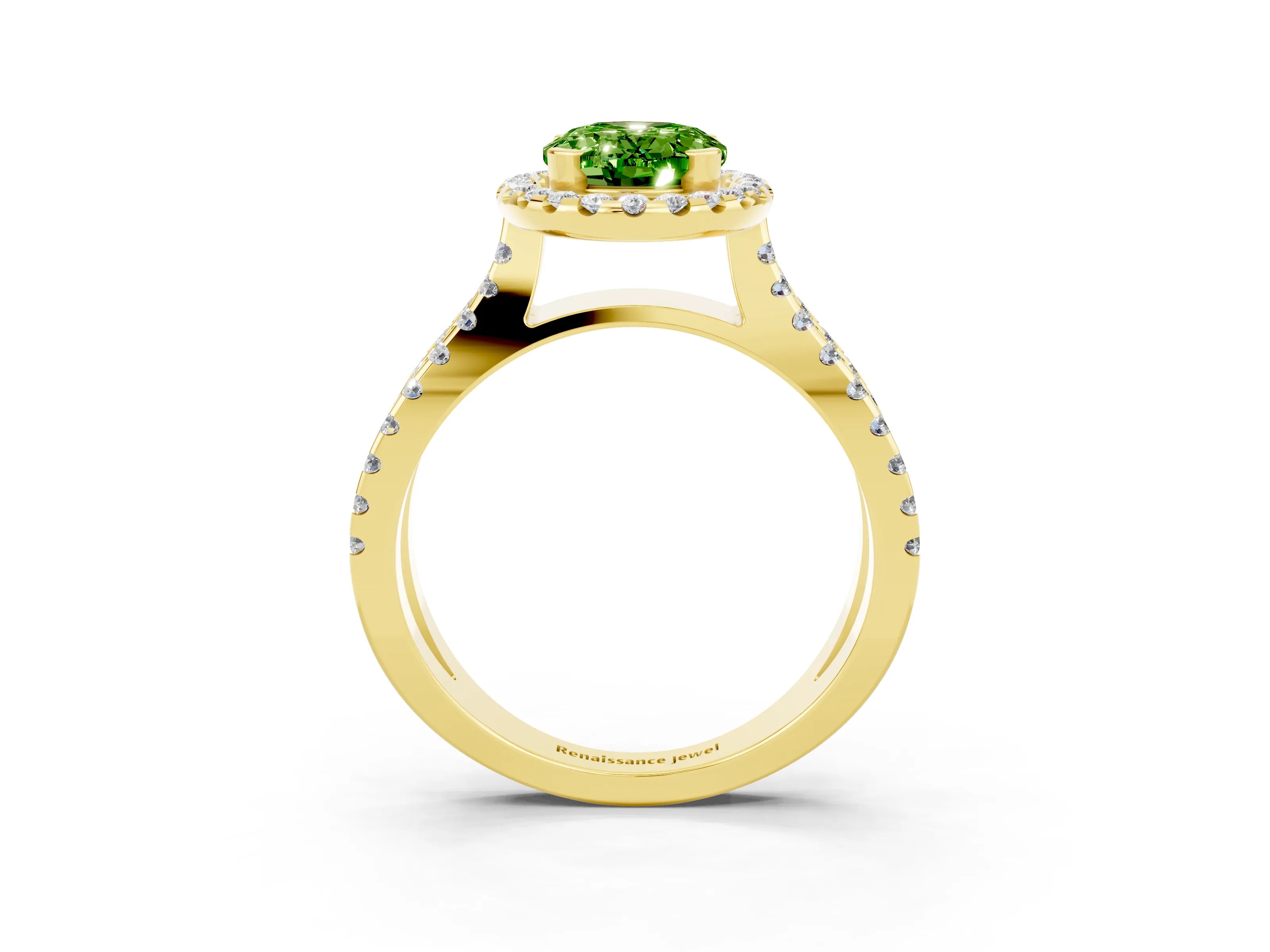 Yellow gold Oval Cut Peridot Halo Ring with Split Shank Pavé Band and Prong Setting_3