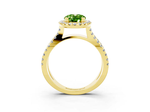 Yellow gold Oval Cut Peridot Halo Ring with Split Shank Pavé Band and Prong Setting_3