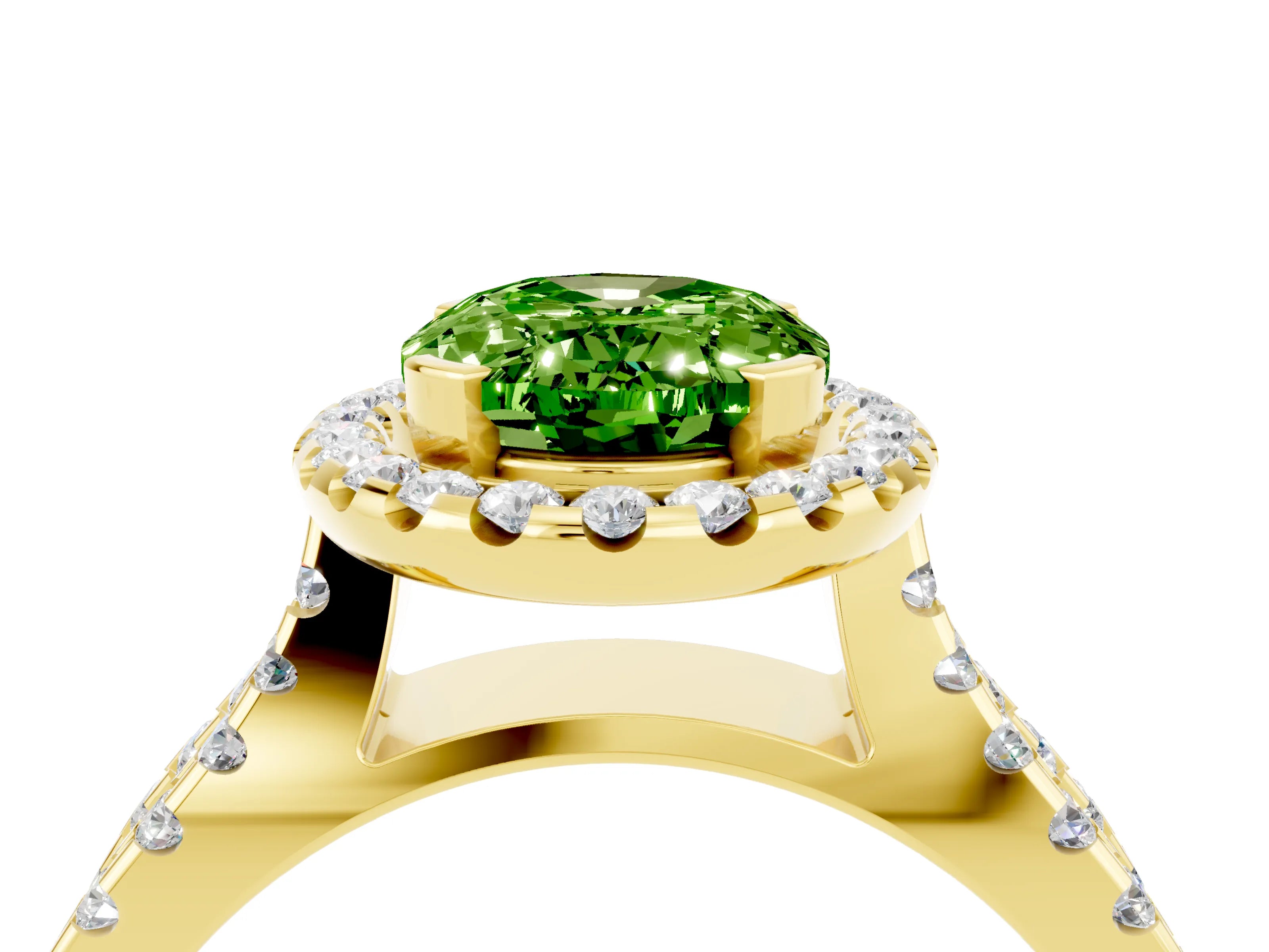 Yellow gold Oval Cut Peridot Halo Ring with Split Shank Pavé Band and Prong Setting_4