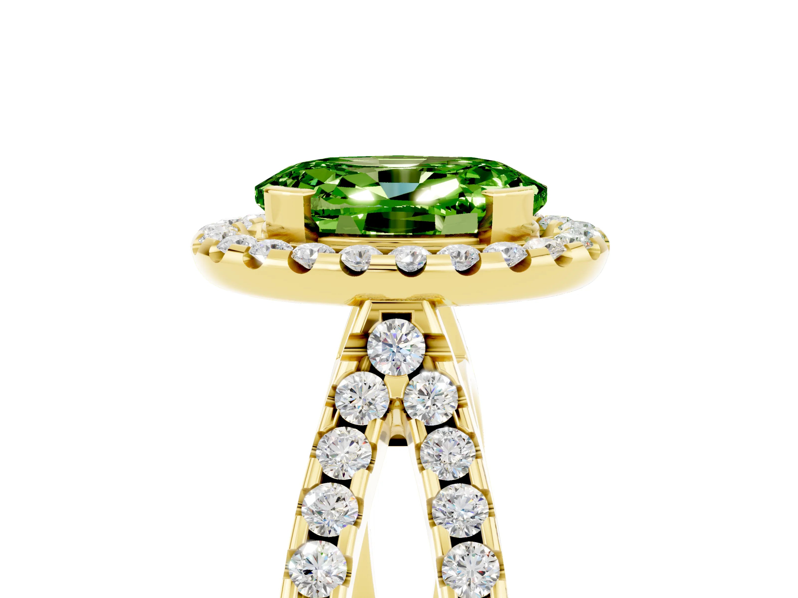 Yellow gold Oval Cut Peridot Halo Ring with Split Shank Pavé Band and Prong Setting_5