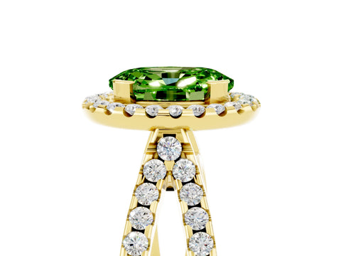 Yellow gold Oval Cut Peridot Halo Ring with Split Shank Pavé Band and Prong Setting_5