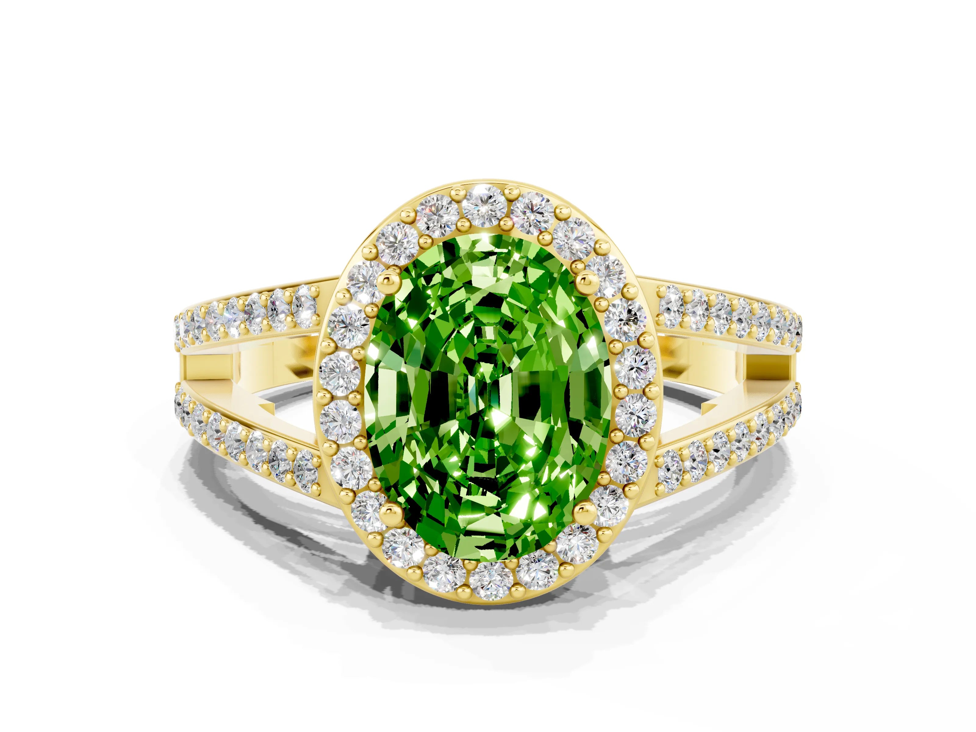 Yellow gold Oval Cut Peridot Halo Ring with Split Shank U-Prong Band and Four-Prong Setting