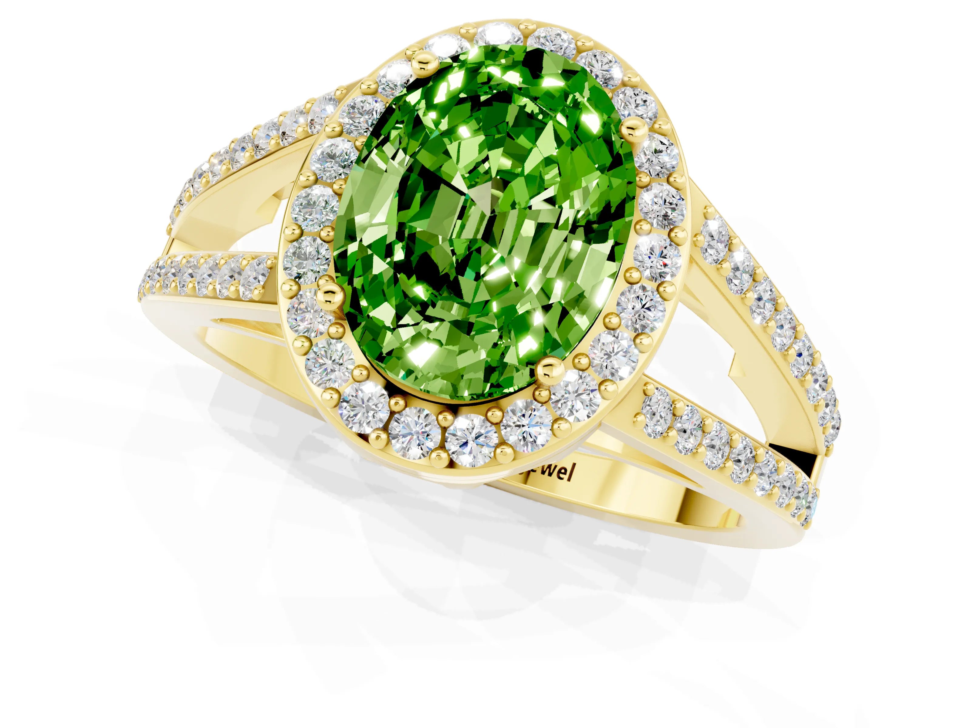 Yellow gold Oval Cut Peridot Halo Ring with Split Shank U-Prong Band and Four-Prong Setting_1