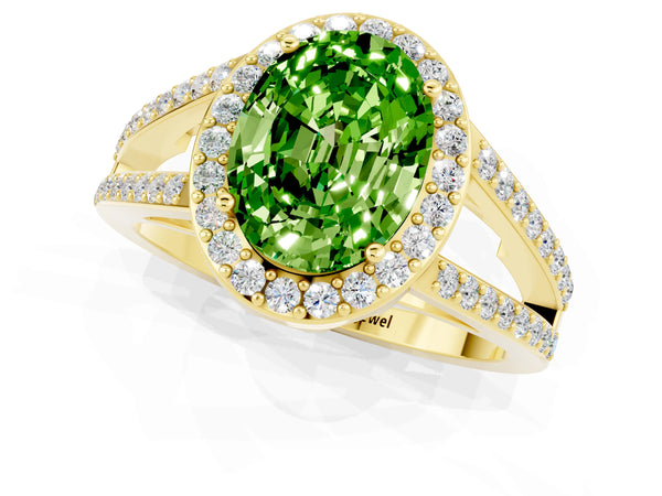 Yellow gold Oval Cut Peridot Halo Ring with Split Shank U-Prong Band and Four-Prong Setting