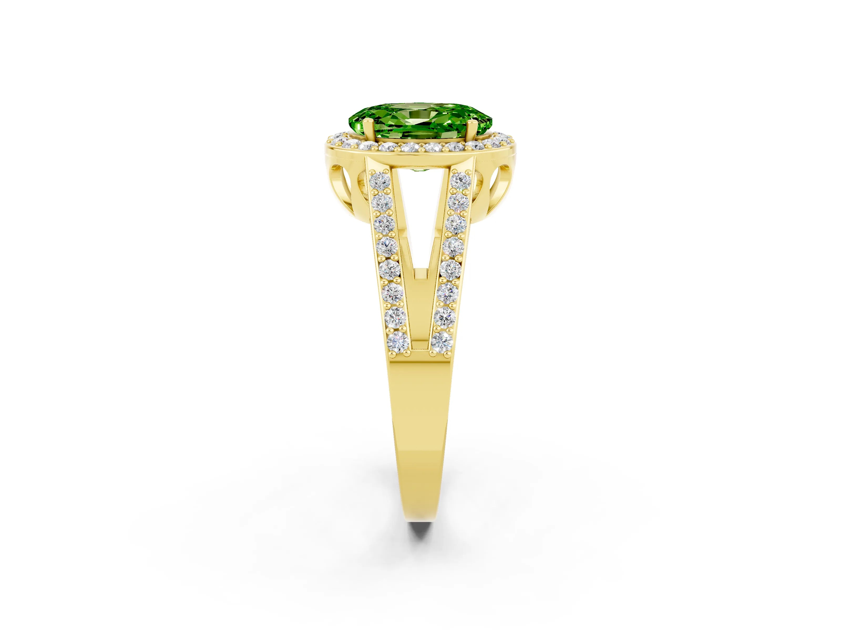 Yellow gold Oval Cut Peridot Halo Ring with Split Shank U-Prong Band and Four-Prong Setting_2