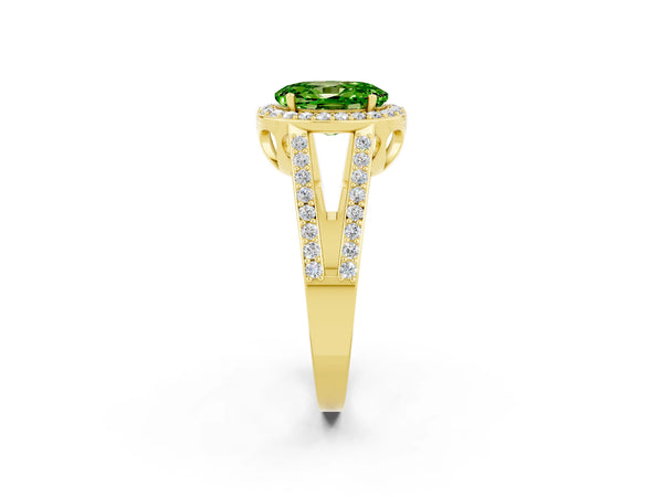 Yellow gold Oval Cut Peridot Halo Ring with Split Shank U-Prong Band and Four-Prong Setting