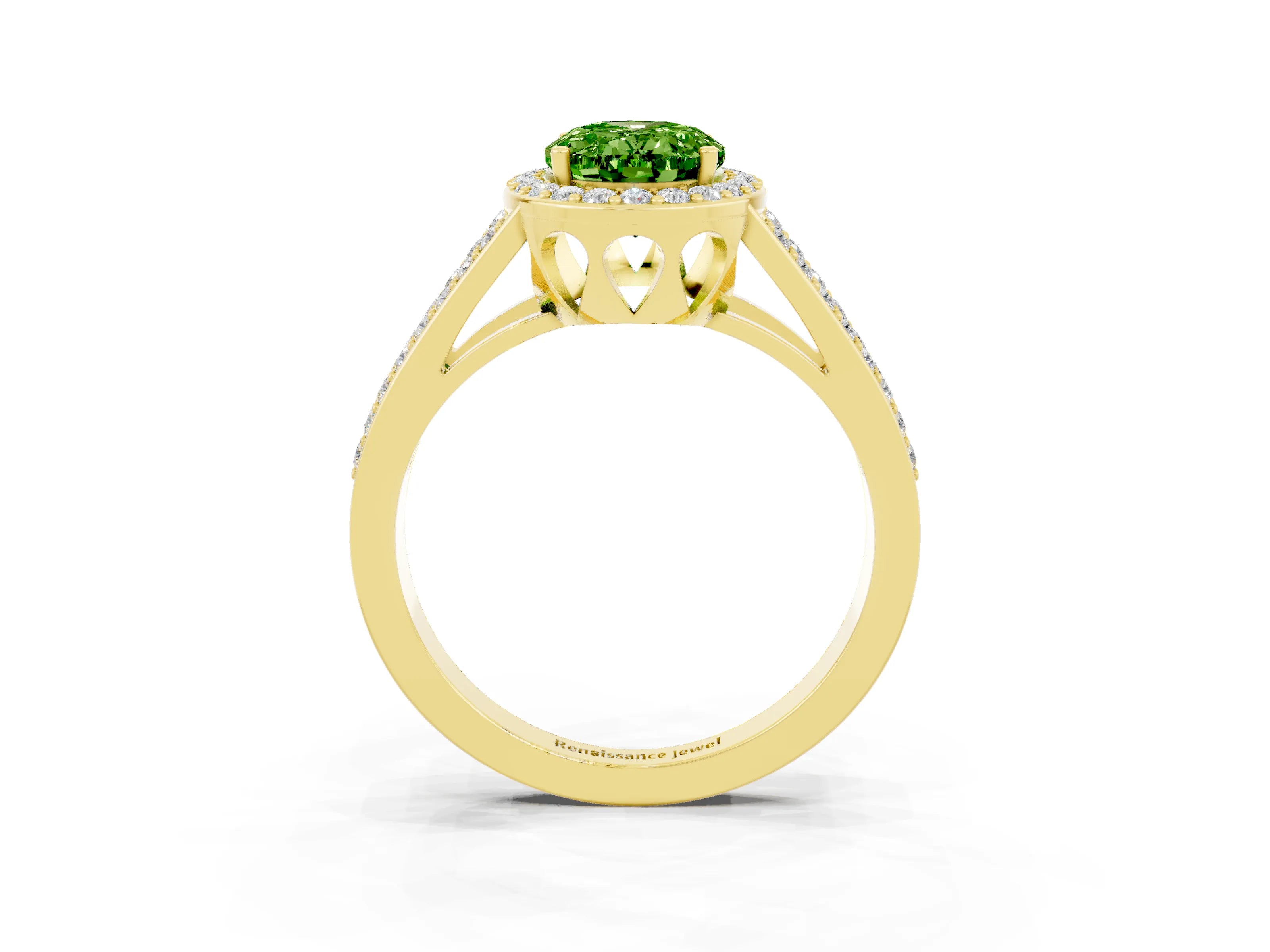 Yellow gold Oval Cut Peridot Halo Ring with Split Shank U-Prong Band and Four-Prong Setting_3