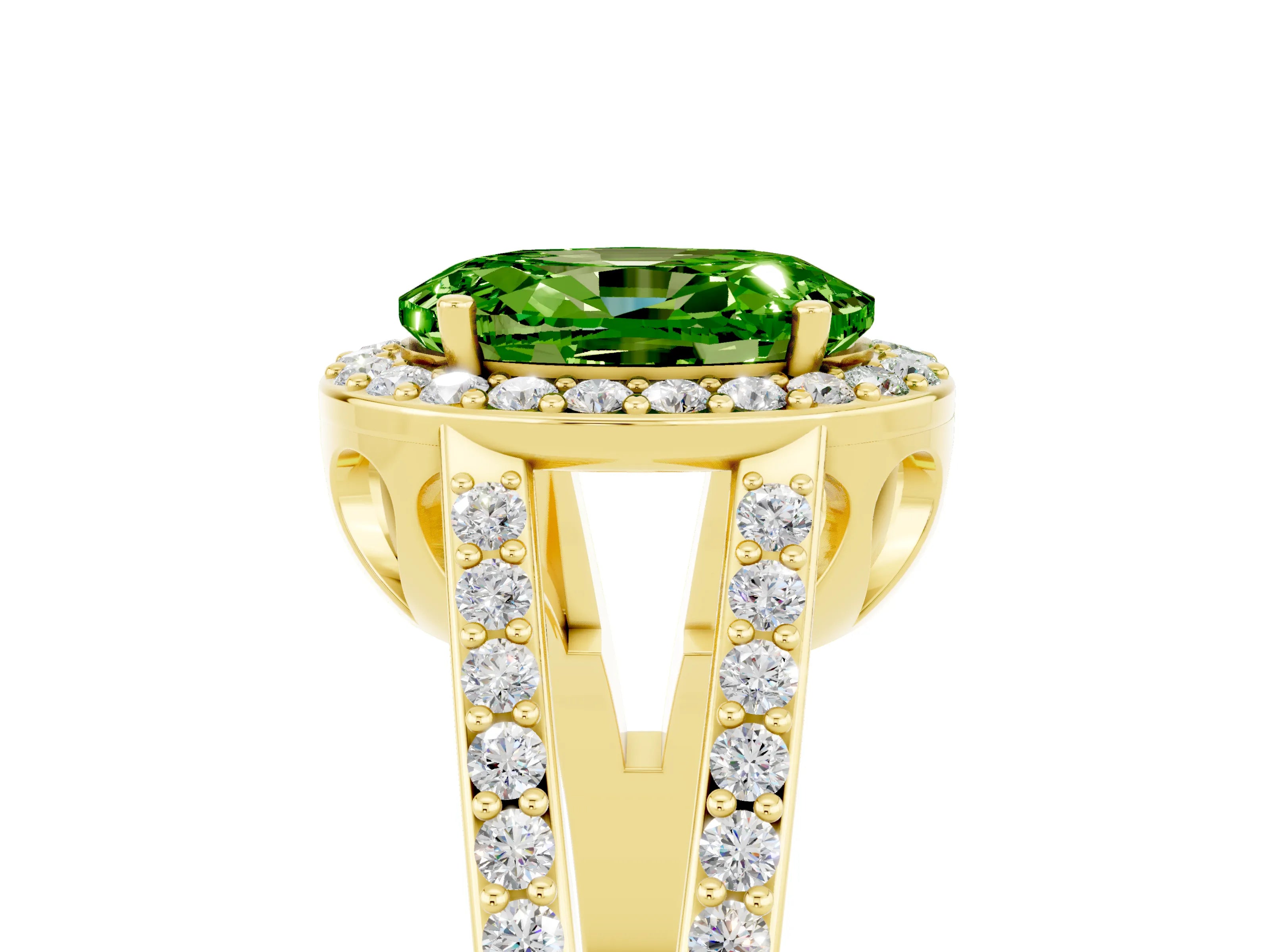 Yellow gold Oval Cut Peridot Halo Ring with Split Shank U-Prong Band and Four-Prong Setting_5